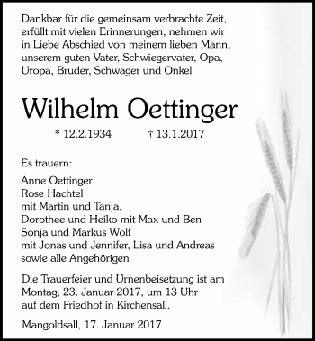 Traueranzeige von Wilhelm Oettinger 