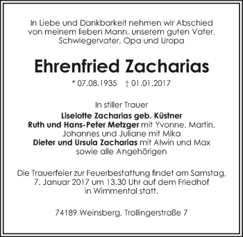Traueranzeige von Ehrenfried Zacharias 