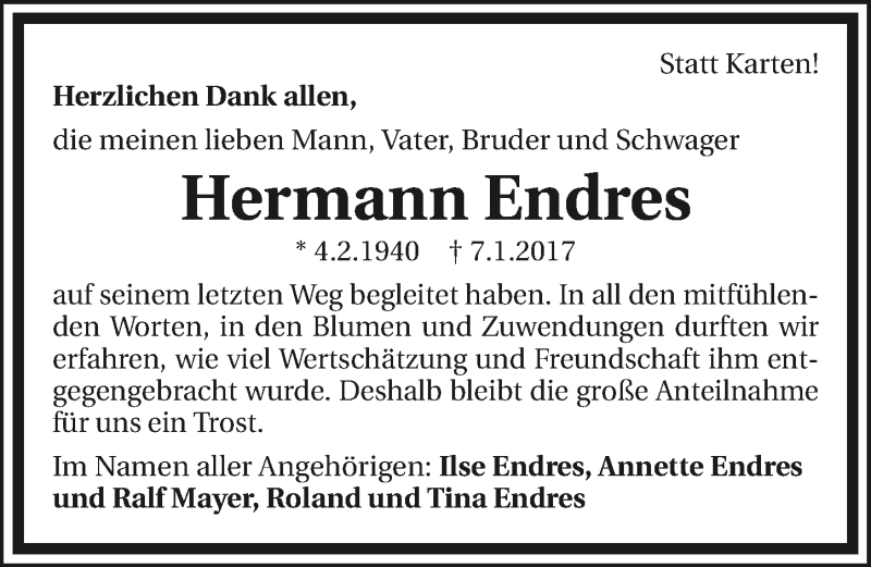  Traueranzeige für Hermann Endres vom 28.01.2017 aus 