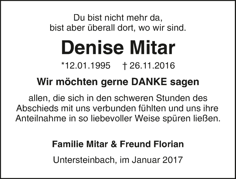  Traueranzeige für Denise Mitar vom 05.01.2017 aus 