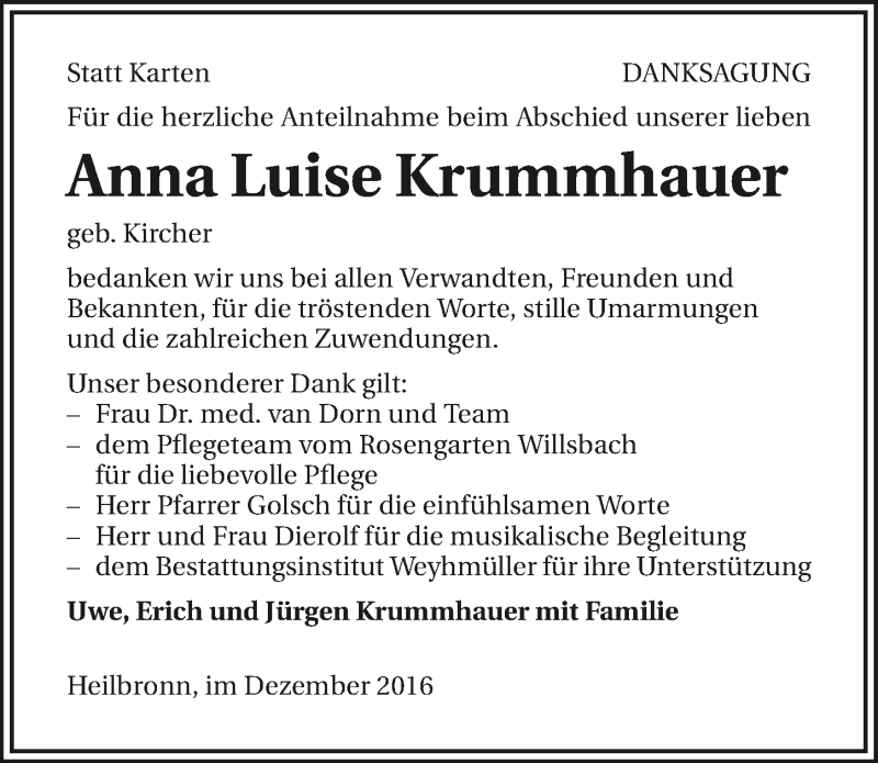  Traueranzeige für Anna Luise Krummhauer vom 21.01.2017 aus 