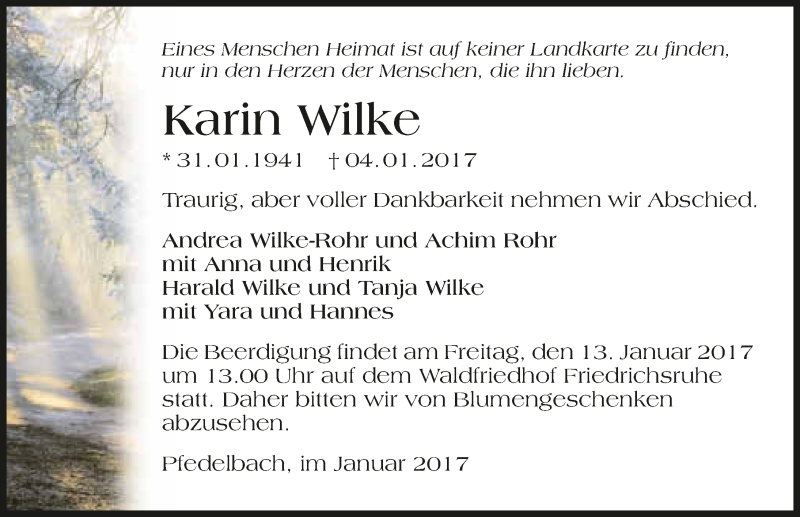  Traueranzeige für Karin Wilke vom 10.01.2017 aus 