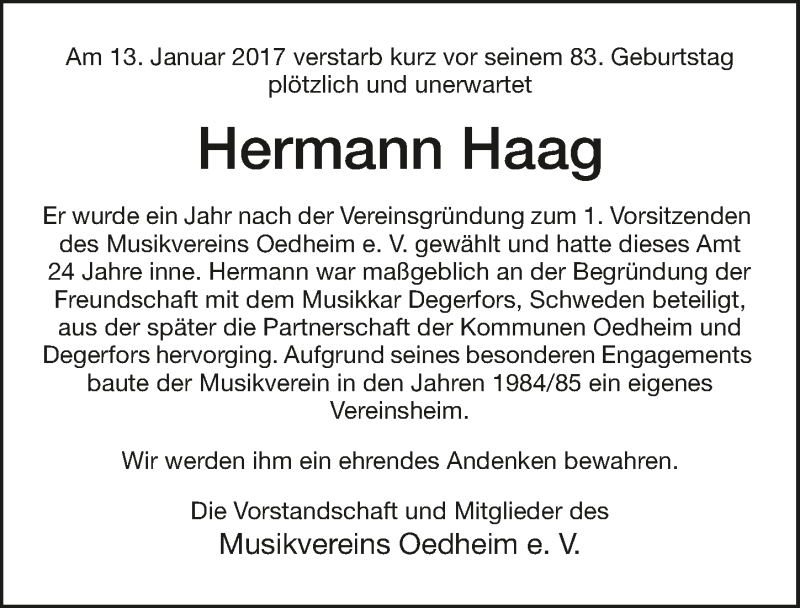  Traueranzeige für Hermann Haag vom 18.01.2017 aus 