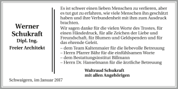Traueranzeige von Werner Schuhkraft 