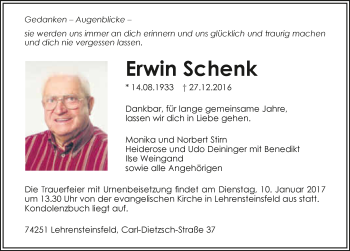 Traueranzeige von Erwin Schenk 