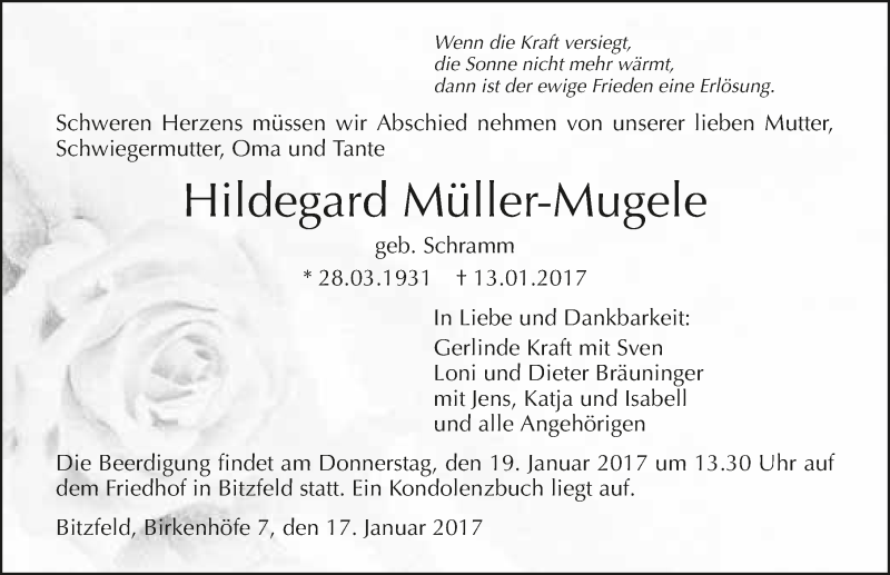  Traueranzeige für Hildegard Müller-Mugele vom 17.01.2017 aus 