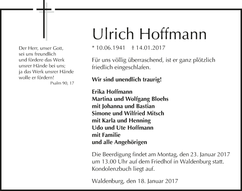  Traueranzeige für Ulrich Hoffmann vom 18.01.2017 aus 