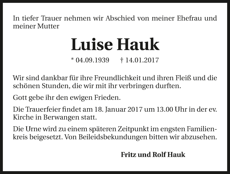  Traueranzeige für Luise Hauk vom 17.01.2017 aus 
