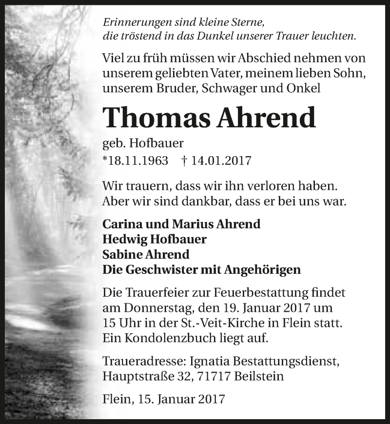  Traueranzeige für Thomas Ahrend vom 17.01.2017 aus 