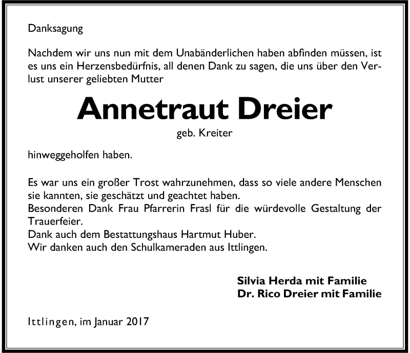  Traueranzeige für Annetraut Dreier vom 21.01.2017 aus 
