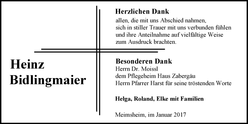  Traueranzeige für Heinz Bidlingmaier vom 21.01.2017 aus 