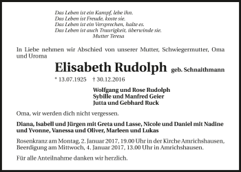 Traueranzeige von Elisabeth Rudolph 