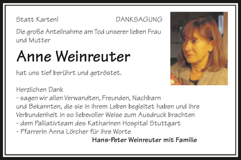  Traueranzeige für Anne Weinreuter vom 23.01.2017 aus 