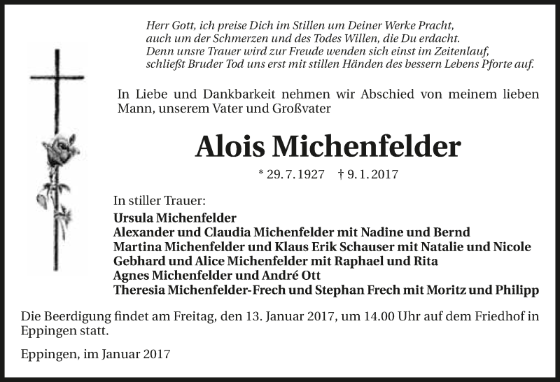  Traueranzeige für Alois Michenfelder vom 11.01.2017 aus 
