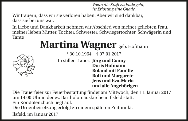  Traueranzeige für Martina Wagner vom 10.01.2017 aus 