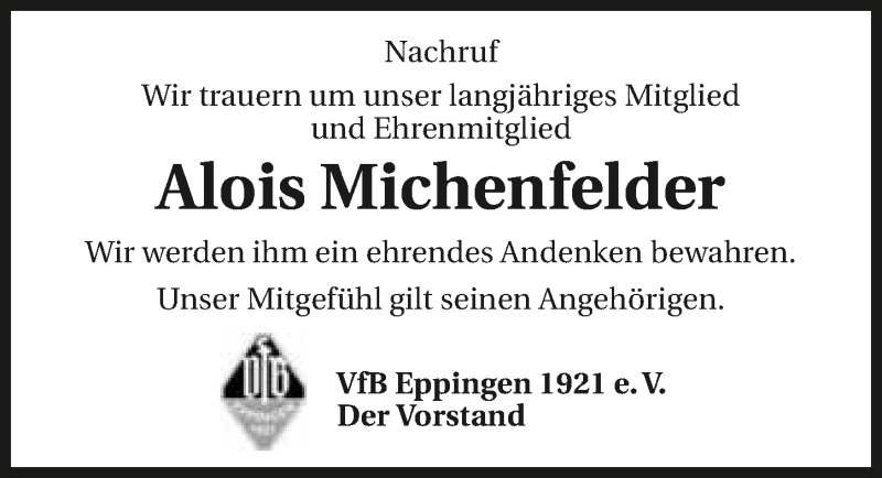  Traueranzeige für Alois Michenfelder vom 13.01.2017 aus 