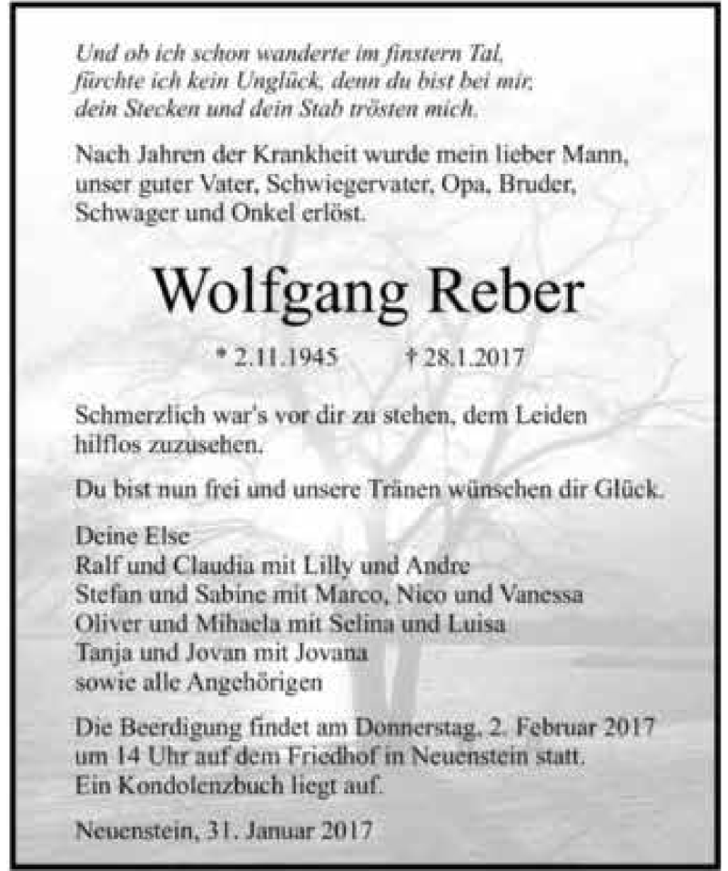  Traueranzeige für Wolfgang Reber vom 31.01.2017 aus 