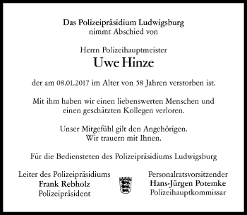 Traueranzeige von Uwe Hinze 