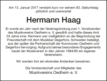 Traueranzeige von Hermann Haag 
