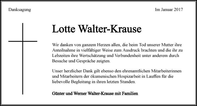  Traueranzeige für Lotte Walter-Krause vom 20.01.2017 aus 