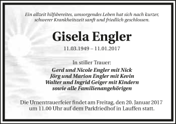 Traueranzeige von Gisela Engler 