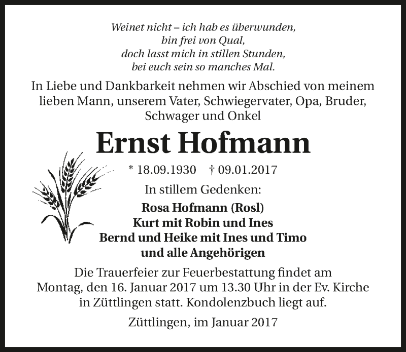  Traueranzeige für Ernst Hofmann vom 13.01.2017 aus 
