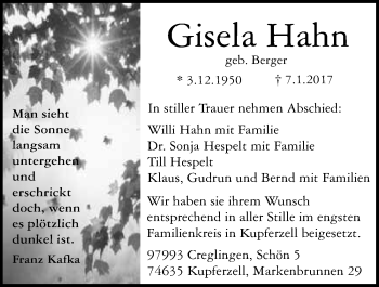 Traueranzeige von Gisela Hahn 