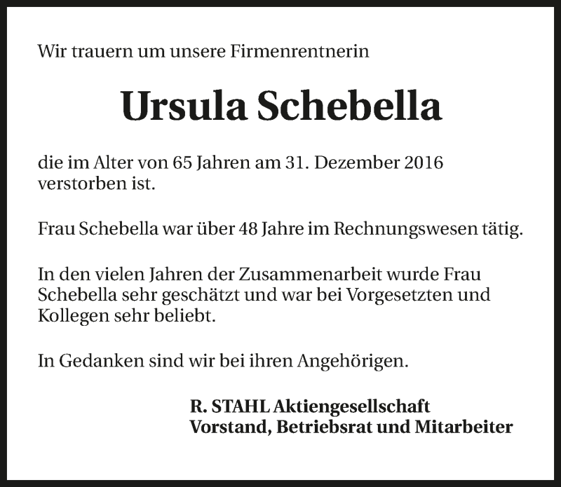  Traueranzeige für Ursula Schebella vom 09.01.2017 aus 