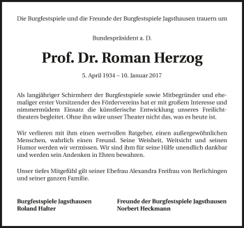 Traueranzeige von Roman Herzog 