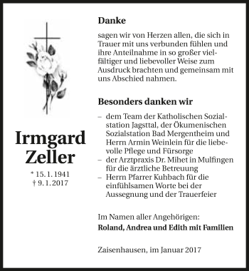 Traueranzeige von Irmgard Zeller 