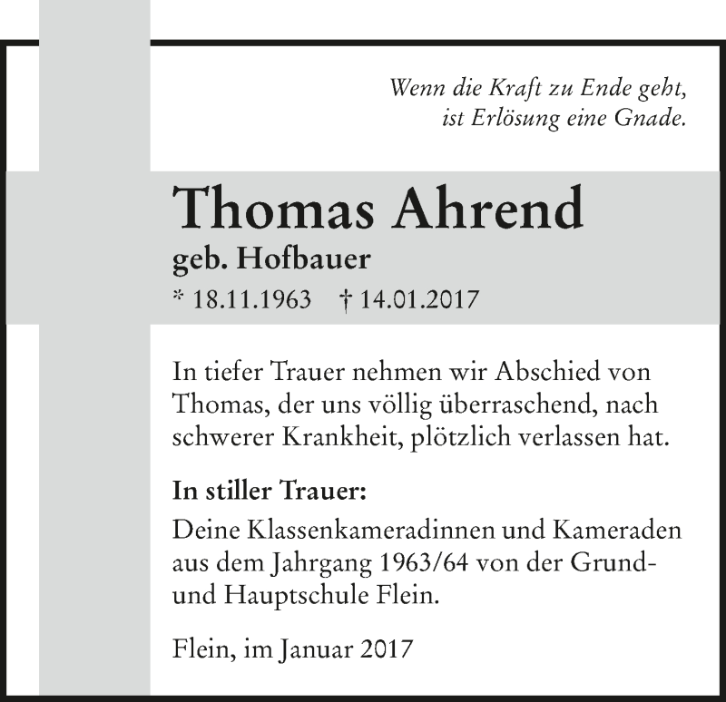  Traueranzeige für Thomas Ahrend vom 18.01.2017 aus 