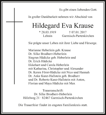 Traueranzeige von Hildegard Krause 