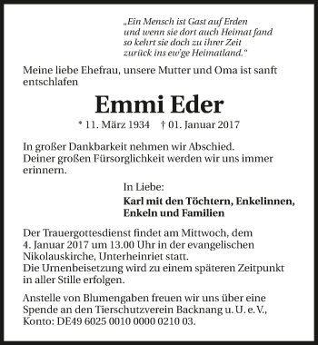 Traueranzeige von Emmi Eder 