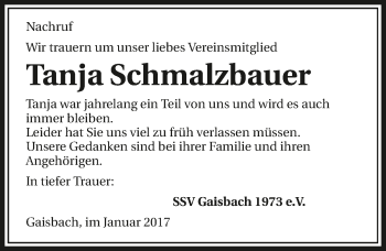 Traueranzeige von Tanja Schmalzbauer 