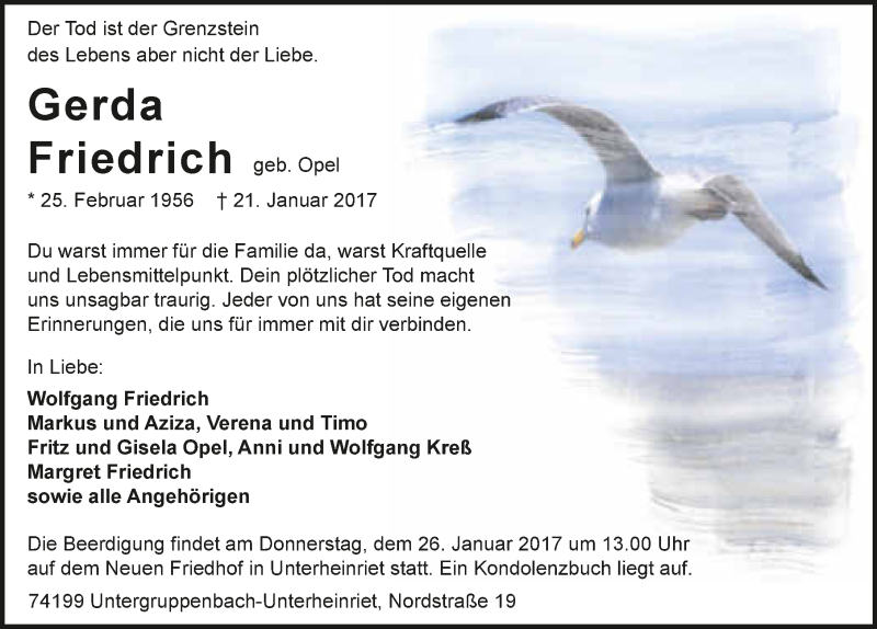  Traueranzeige für Gerda Friedrich vom 24.01.2017 aus 