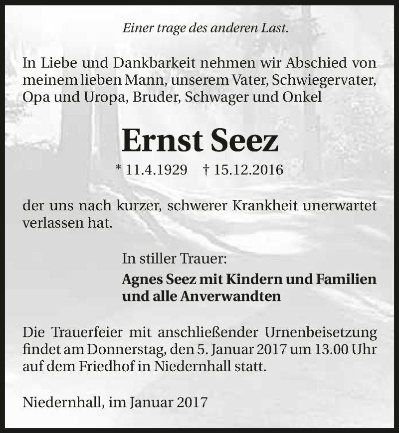  Traueranzeige für Ernst Seez vom 02.01.2017 aus 
