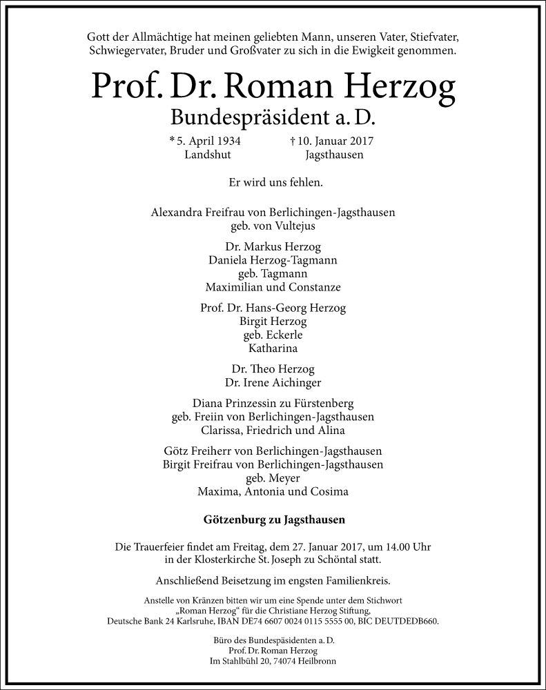  Traueranzeige für Roman Herzog vom 13.01.2017 aus 