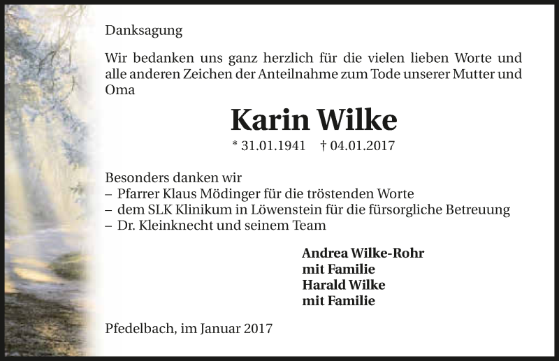  Traueranzeige für Karin Wilke vom 18.01.2017 aus 