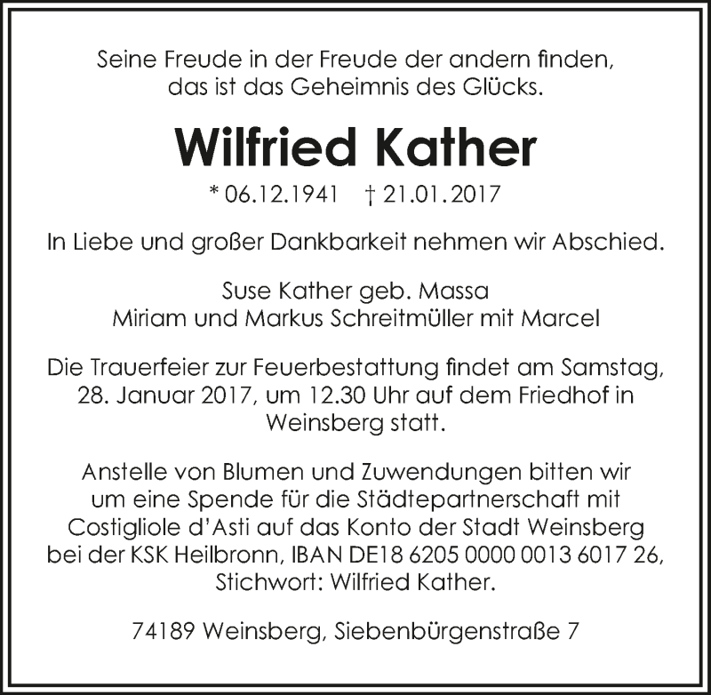  Traueranzeige für Wilfried Kather vom 24.01.2017 aus 