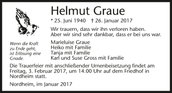 Traueranzeige von Helmut Graue 