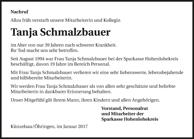  Traueranzeige für Tanja Schmalzbauer vom 12.01.2017 aus 