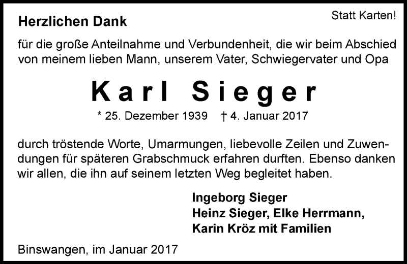  Traueranzeige für Karl Sieger vom 21.01.2017 aus 