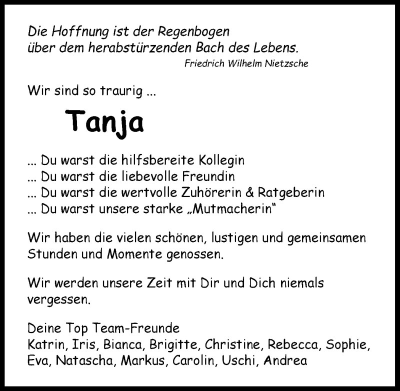  Traueranzeige für Tanja Schmalzbauer vom 12.01.2017 aus 