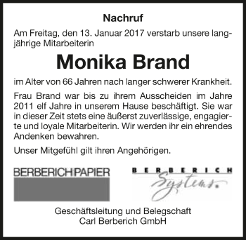 Traueranzeige von Monika Brand 