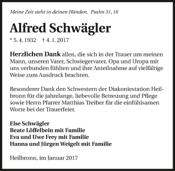Traueranzeige von Alfred Schwägler 