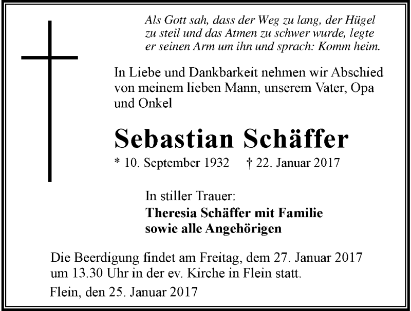  Traueranzeige für Sebastian Schäffer vom 25.01.2017 aus 