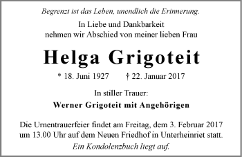 Traueranzeige von Helga Grigoteit 