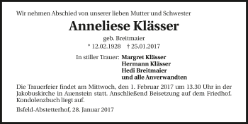 Traueranzeige von Anneliese Klässer 
