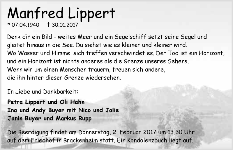  Traueranzeige für Manfred Lippert vom 01.02.2017 aus 