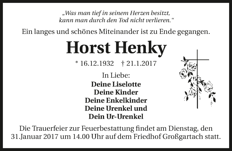  Traueranzeige für Horst Henky vom 28.01.2017 aus 